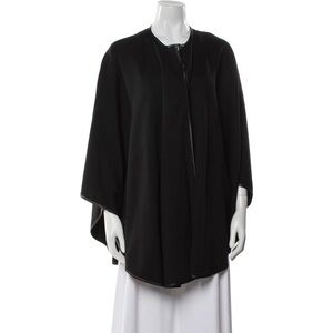 St John Black Wool Blend Cape with Leather Trim M/L